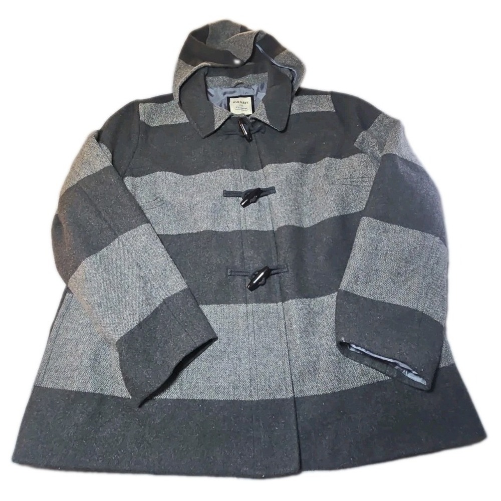 Old Navy Wool Blend Toggle Coat Womens XXL Black Gray Striped Hooded Duffle Jack